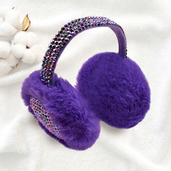 STUDDED FLUFFY PLUSH FAUX FUR FOLDABLE EARMUFFS, COZY EAR WARMER - Picture 4 of 8